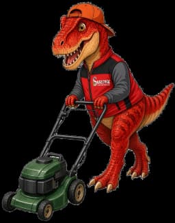 Sua-Rex, Suarez Lawn Services mascot, mowing