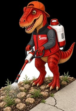 Sua-Rex, Suarez Lawn Services mascot, spraying weeds in rock